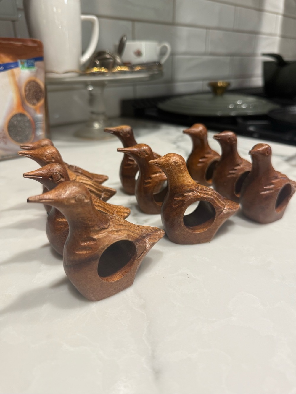 MCM vintage set of 10 carved Wooden Bird Napkin Rings - Brown